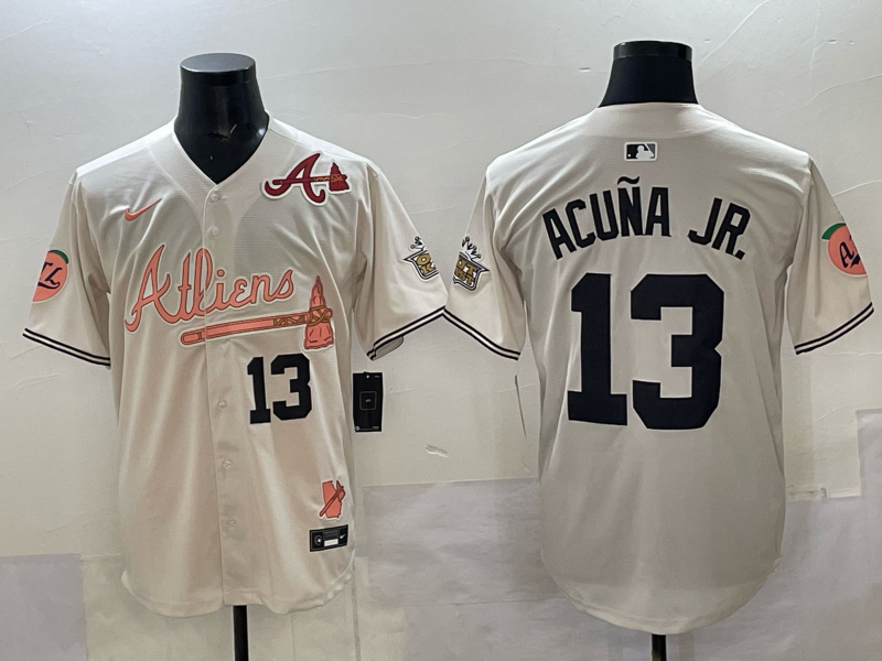 Men Atlanta Braves 13 Acuna jr cream Nike 2025 MLB Jersey 001